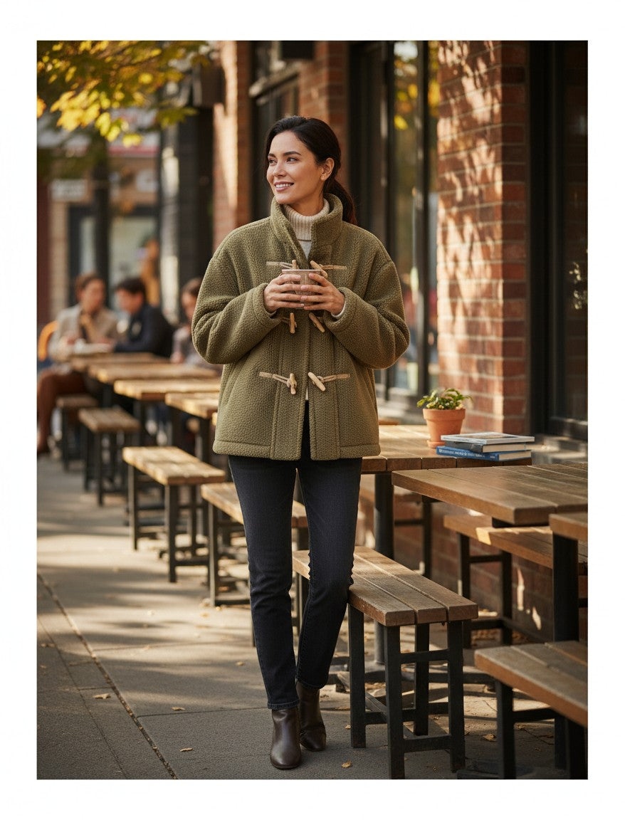 Laylace women's khaki furry coat with horn buttons and long sleeves, worn by a woman on a city sidewalk.