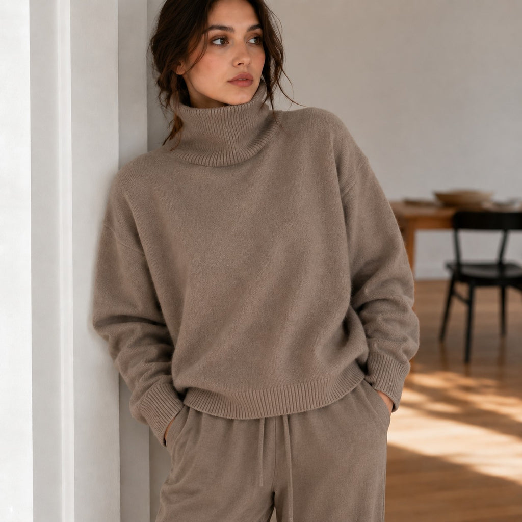 Laylace khaki knitted turtleneck sweater with long sleeves worn by a woman in a relaxed indoor setting
