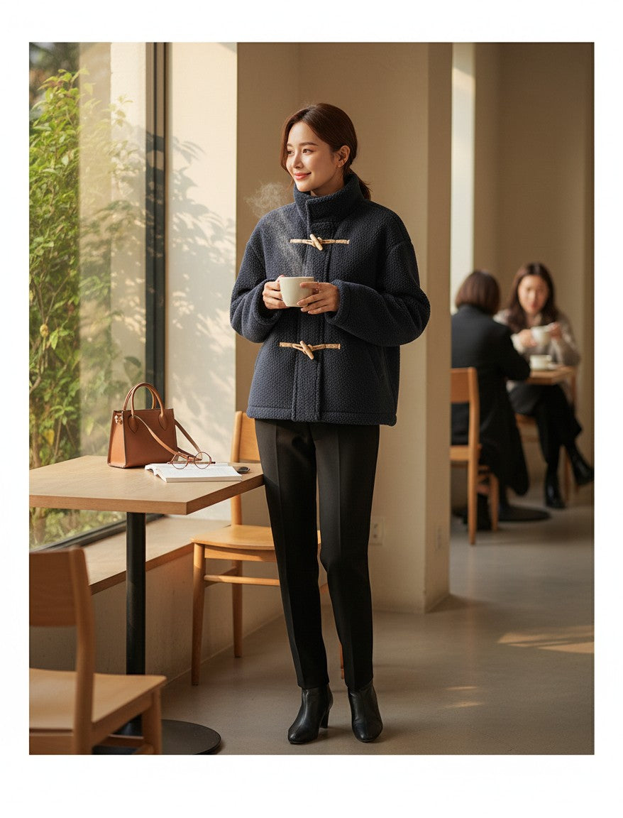Laylace navy blue furry coat with horn buttons worn by a woman holding a warm drink in a cafe setting