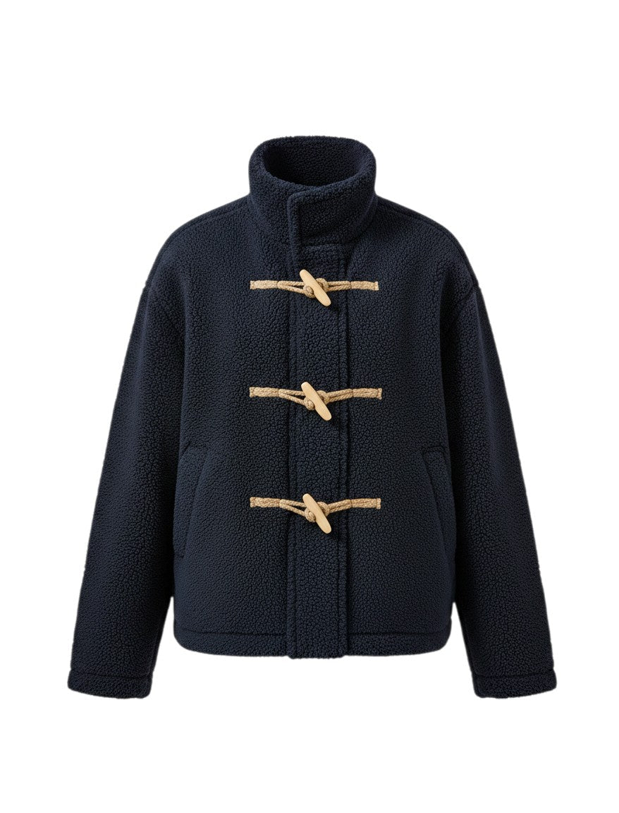 Laylace navy blue furry winter coat with high collar and three wooden horn toggle buttons in a loose fit style