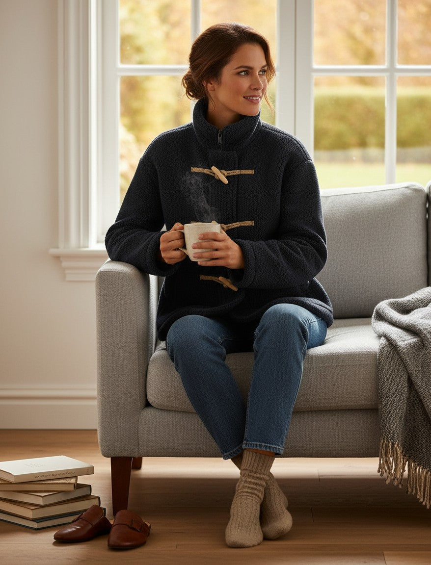 Laylace navy blue furry coat with horn buttons worn by a woman sitting on a sofa with a warm drink