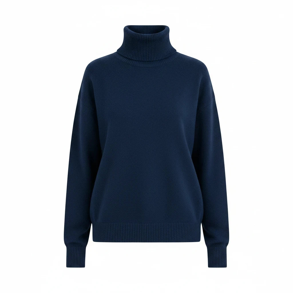 Laylace navy blue long sleeve turtleneck sweater in a soft knit fabric with a relaxed fit