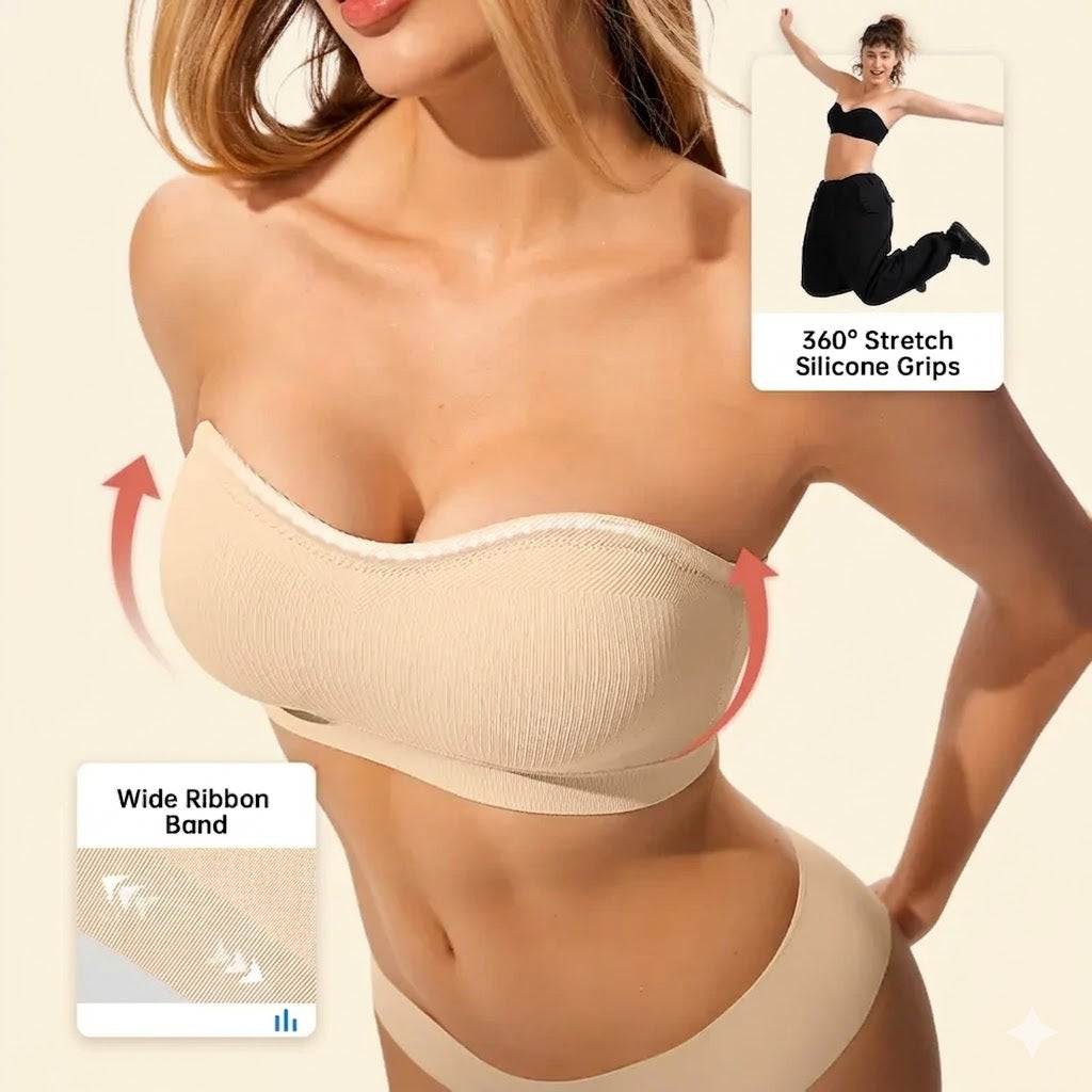 Laylace nude strapless bandeau bra featuring a wide ribbon band and 360-degree non-slip silicone grip for support