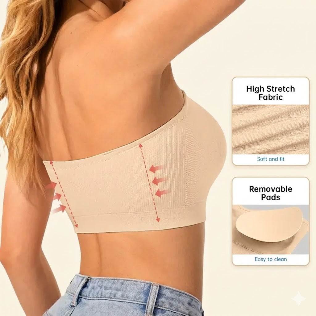 Laylace nude strapless bandeau bra featuring high-stretch fabric and removable pads for seamless wireless support