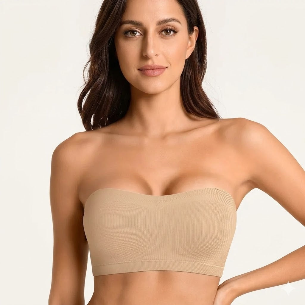 Laylace nude wireless strapless bandeau bra with seamless ribbed fabric and non-slip silicone grip