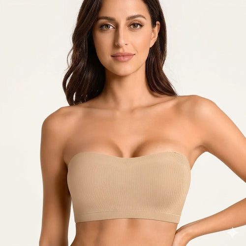 Laylace nude wireless strapless bandeau bra with seamless ribbed fabric and non-slip silicone grip
