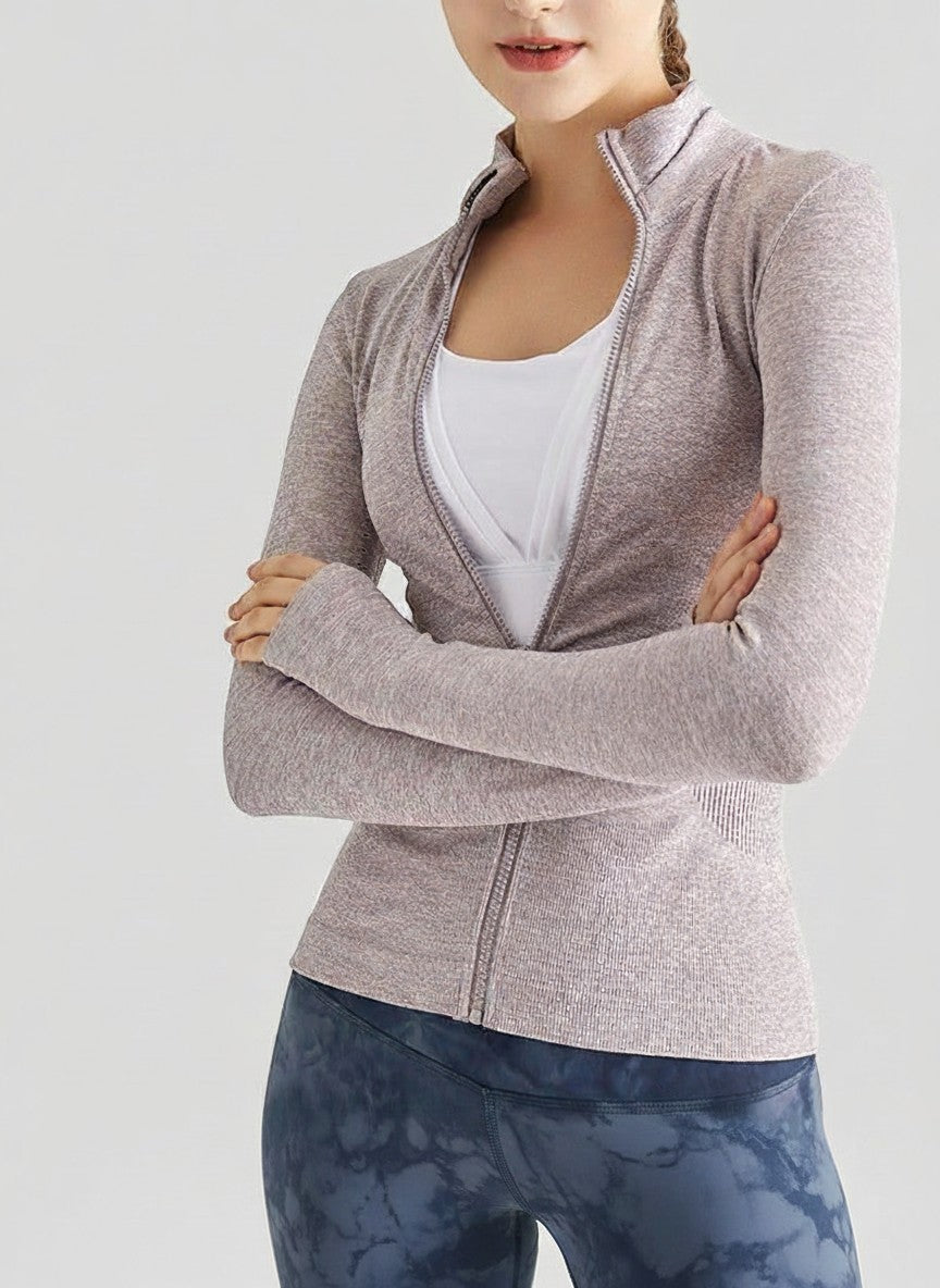 Laylace oat purple seamless long sleeve yoga cardigan with a full zip front and moisture-wicking fabric