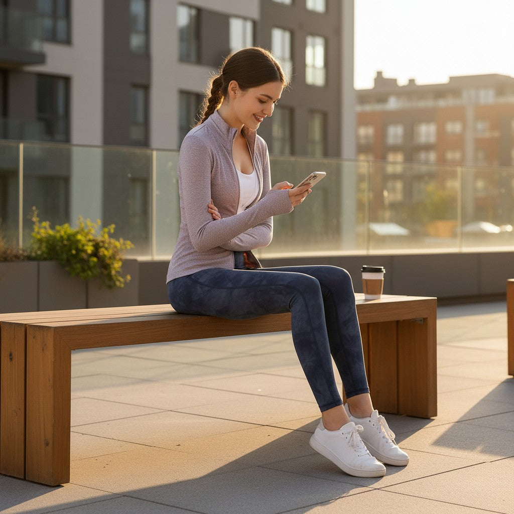 Laylace oat purple long sleeve yoga cardigan worn by a woman sitting on a bench outdoors while using her phone