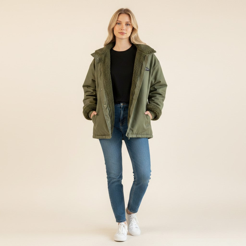 Laylace olive green double-sided lambswool winter coat with a cozy fleece lining worn by a blonde model