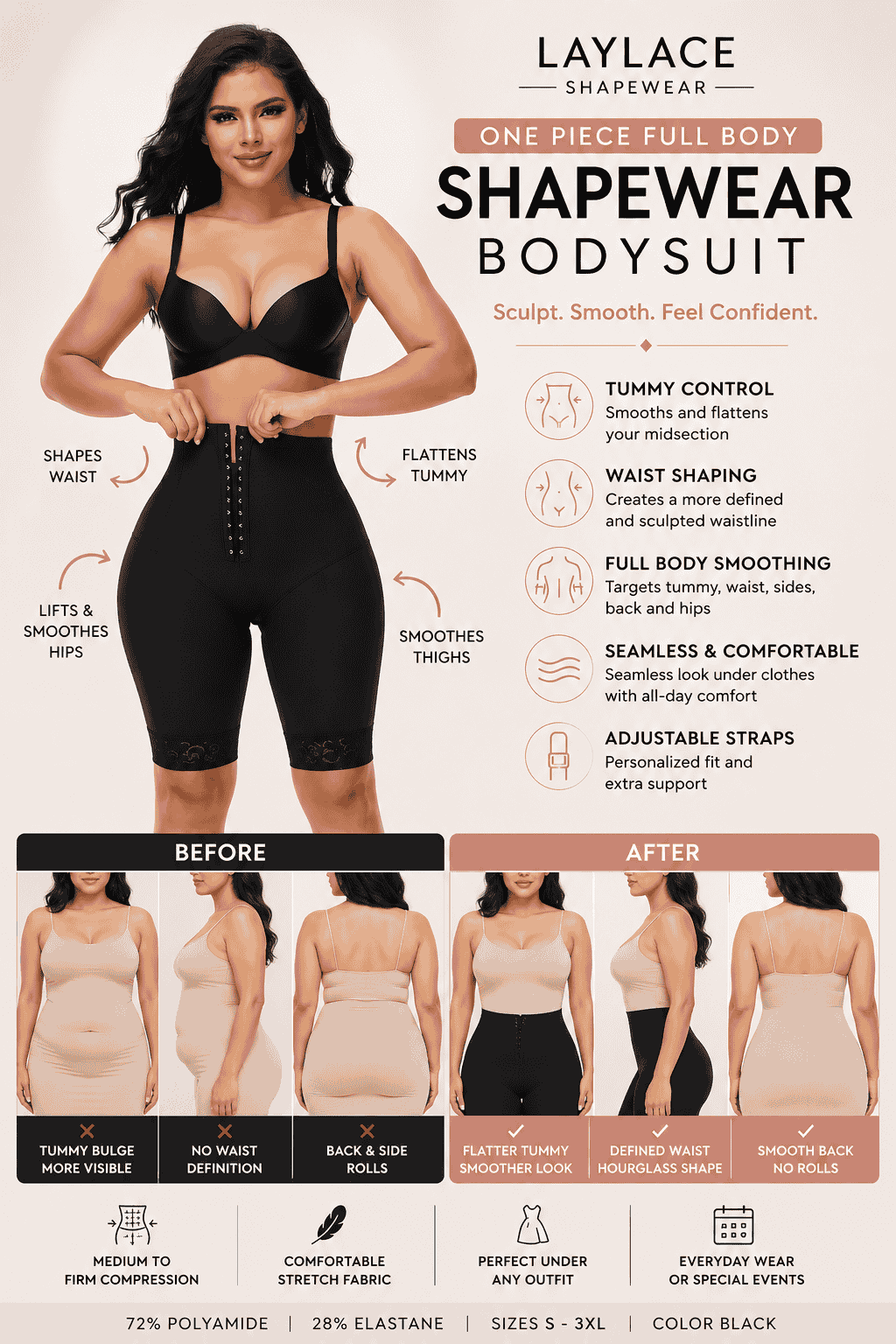 Laylace one piece full body shapewear bodysuit for tummy control and smooth dress styling