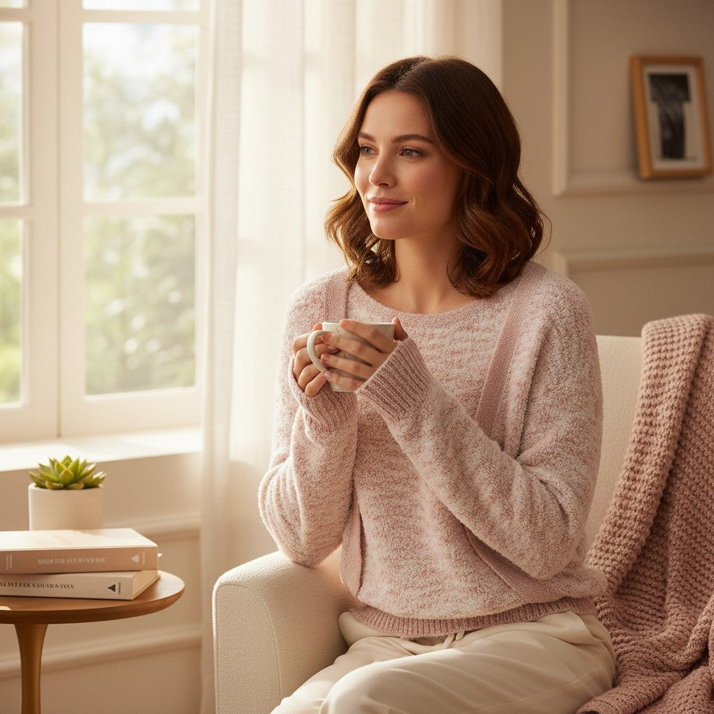 Laylace pink long-sleeve cardigan sweater worn by a woman sitting in a cozy living room with a coffee mug