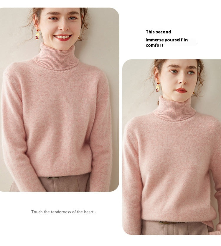 A woman wearing a soft pink Laylace cashmere turtleneck sweater with a thick knit and long sleeves.