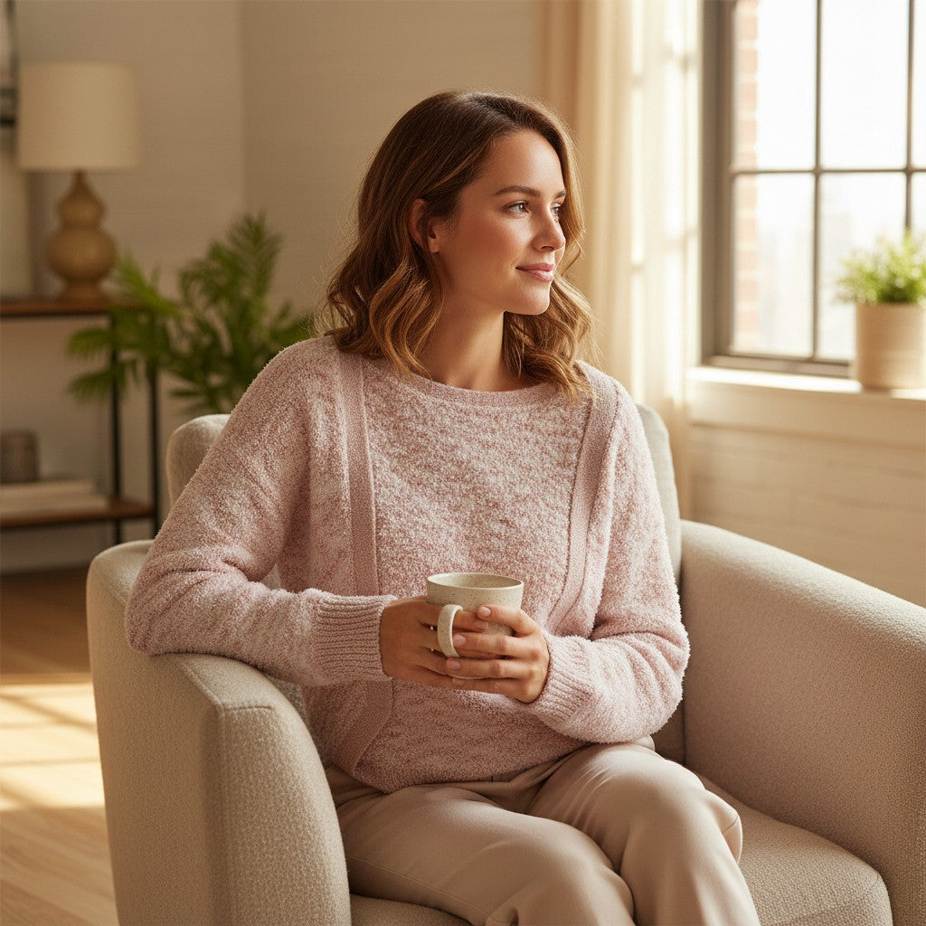 Laylace pink long-sleeve cardigan sweater with a textured knit design worn by a woman sitting in a cozy armchair.