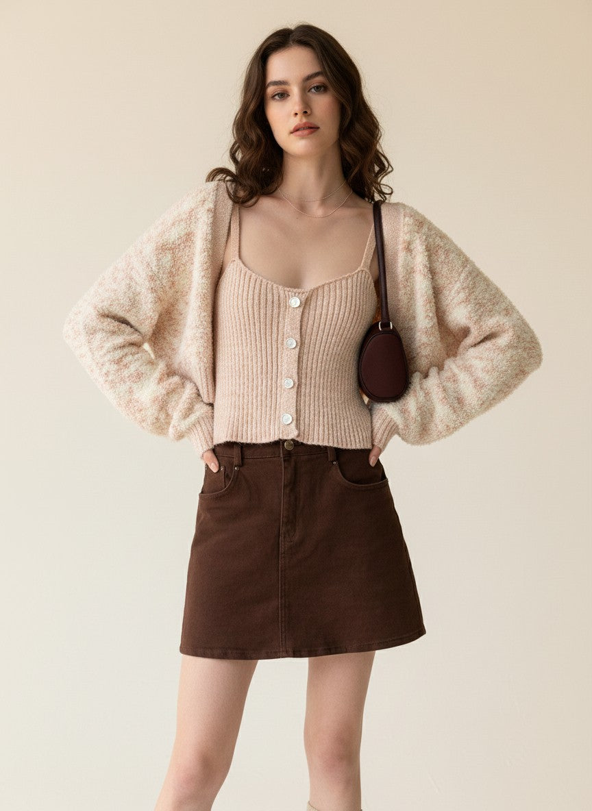 Laylace pink textured cardigan sweater worn over a matching button-up camisole with a brown skirt
