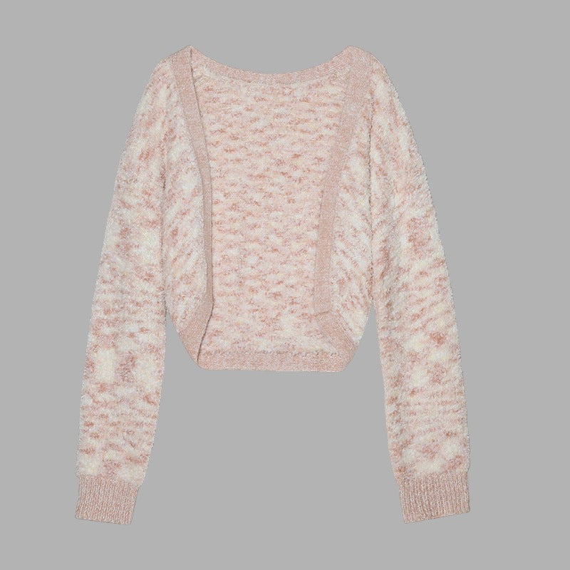 Laylace pink and white textured short cardigan sweater with long sleeves and an open front design