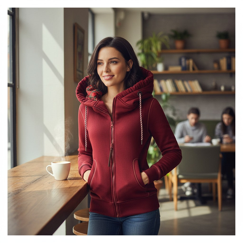 A woman wearing a red fleece-lined zip-up hoodie by Laylace, featuring a cozy hood and casual design in a cafe.