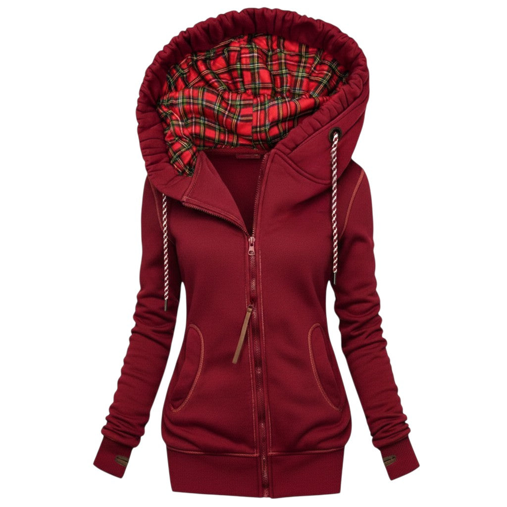 Laylace red fleece-lined zip-up hoodie for women with a plaid hood lining and casual stitching details.