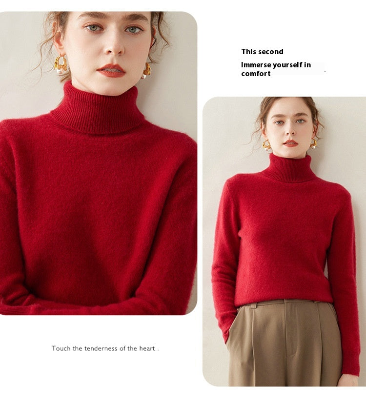 Model wearing a Laylace ruby red thick cashmere turtleneck sweater with long sleeves and a ribbed high neckline.