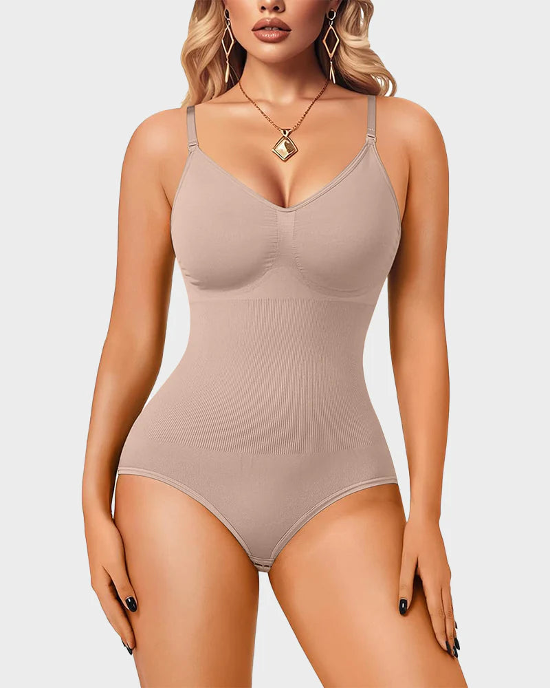 Front view of a woman wearing the Laylace seamless beige bodysuit _ Shapewear