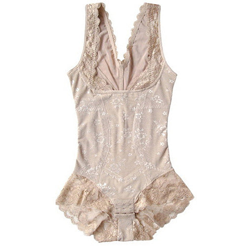 Laylace skin tone seamless shapewear bodysuit with floral lace trim, front buckle closure, and hip lifting design