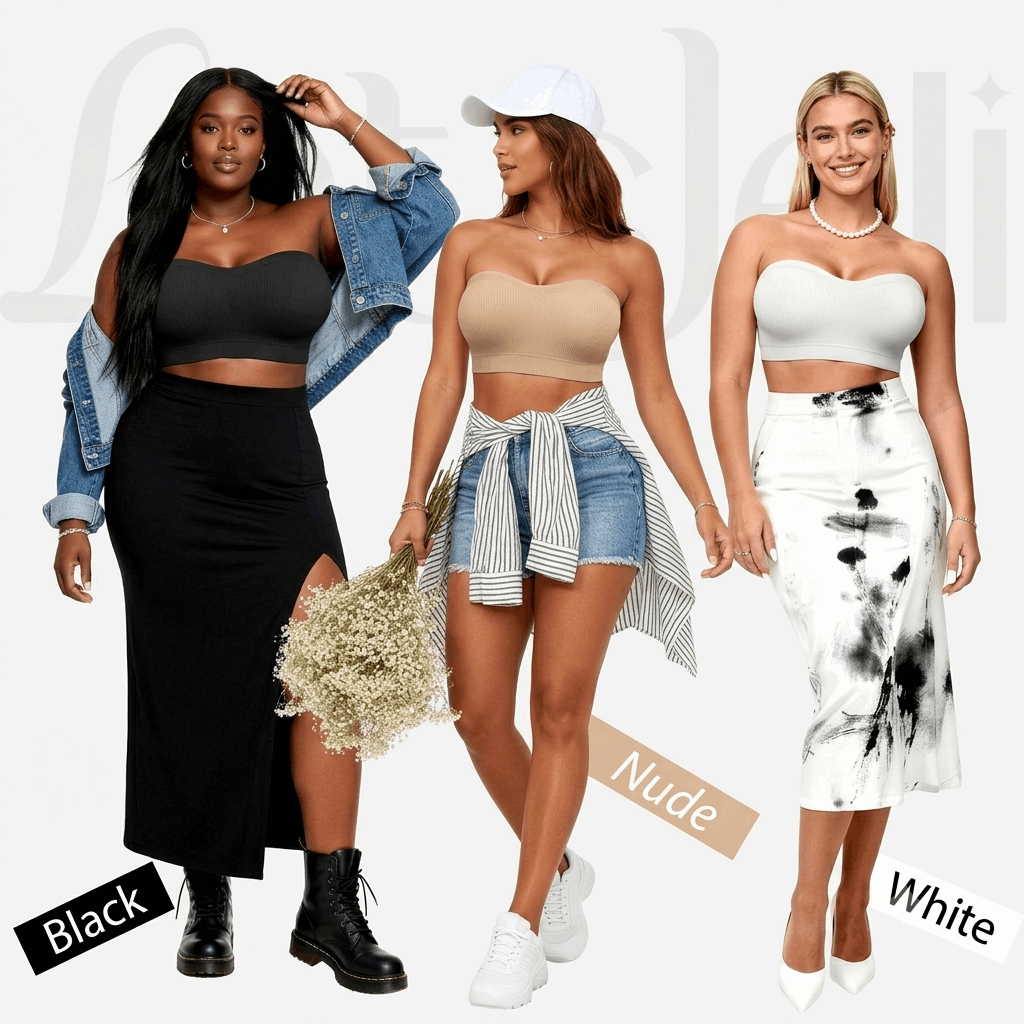 Three models wearing Laylace wireless strapless bandeau bras in black, nude, and white with casual outfits