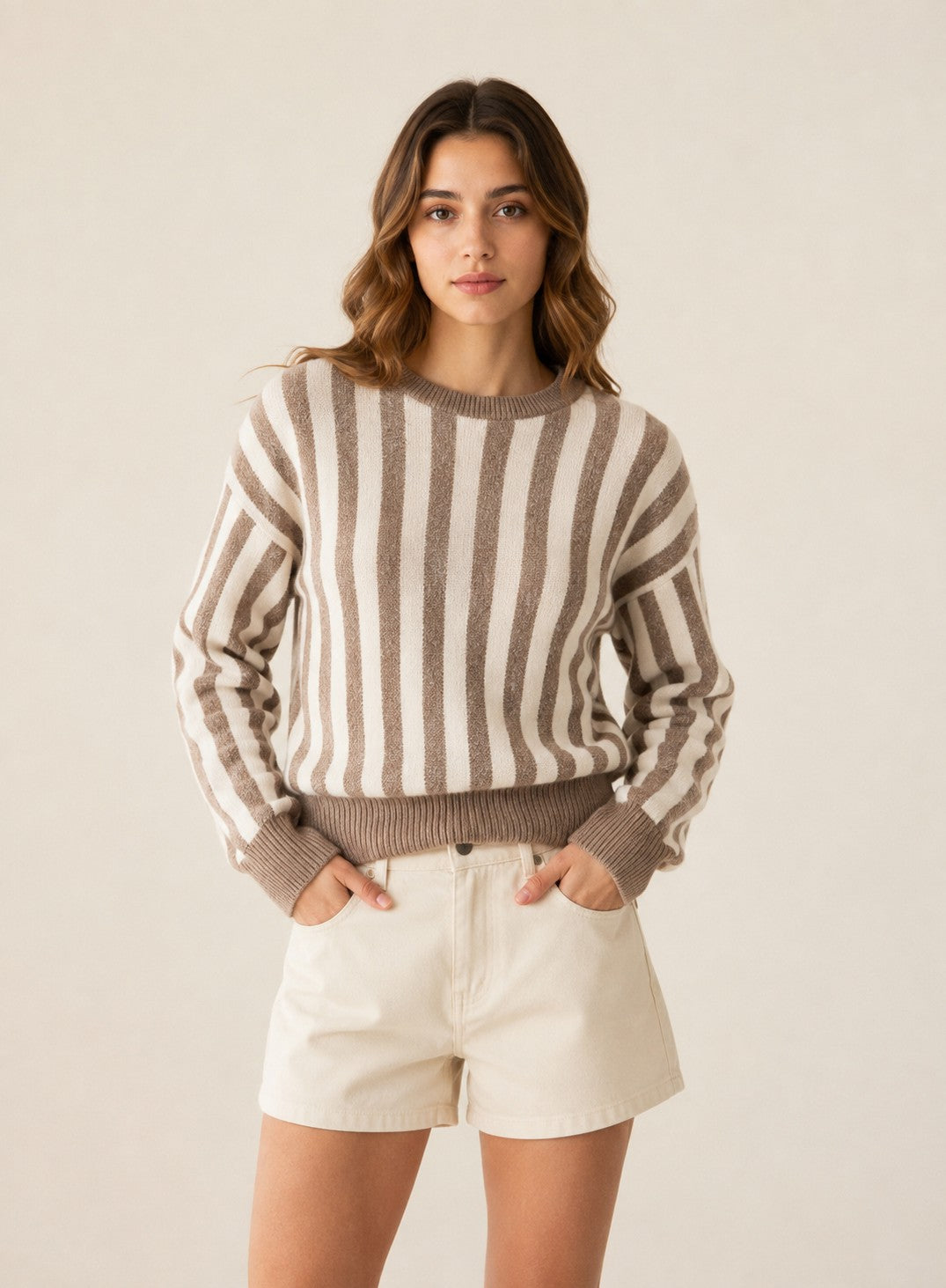 Laylace women's khaki and white striped long-sleeve knit pullover sweater worn with cream shorts
