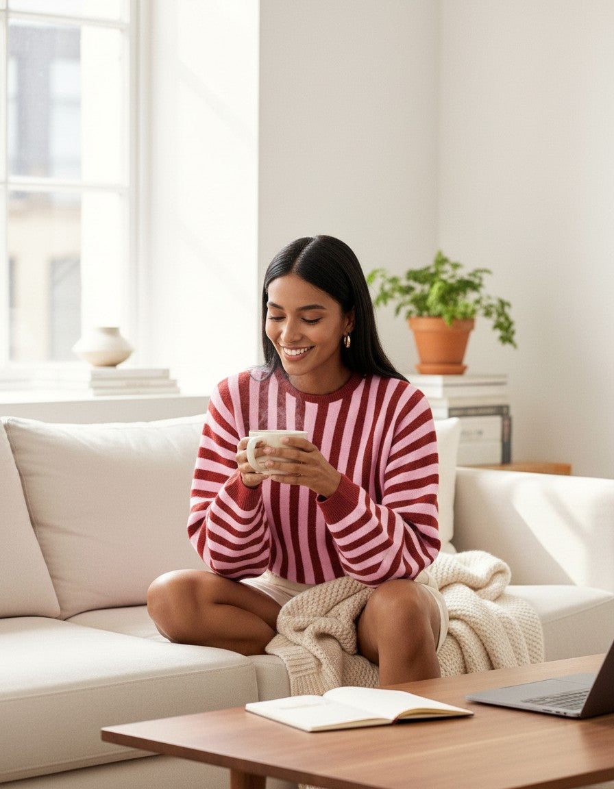 Laylace woman smiling while holding a mug, wearing a red and pink striped long-sleeve knit pullover sweater.