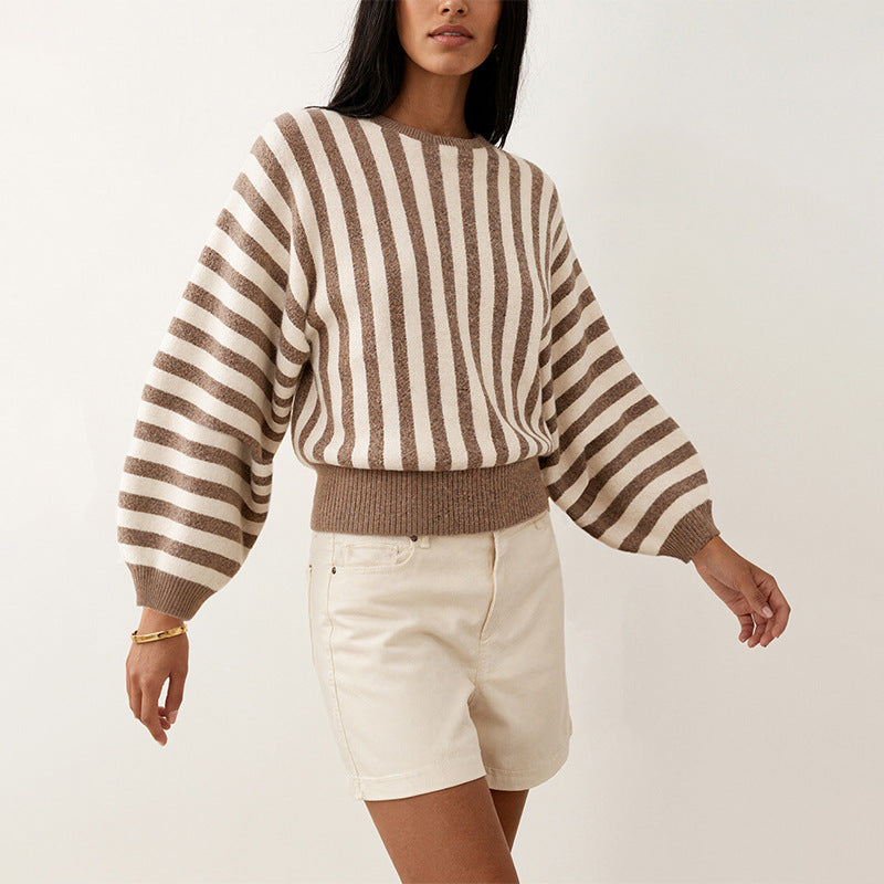 Laylace long-sleeve knit pullover featuring a khaki and white vertical striped pattern with a relaxed fit