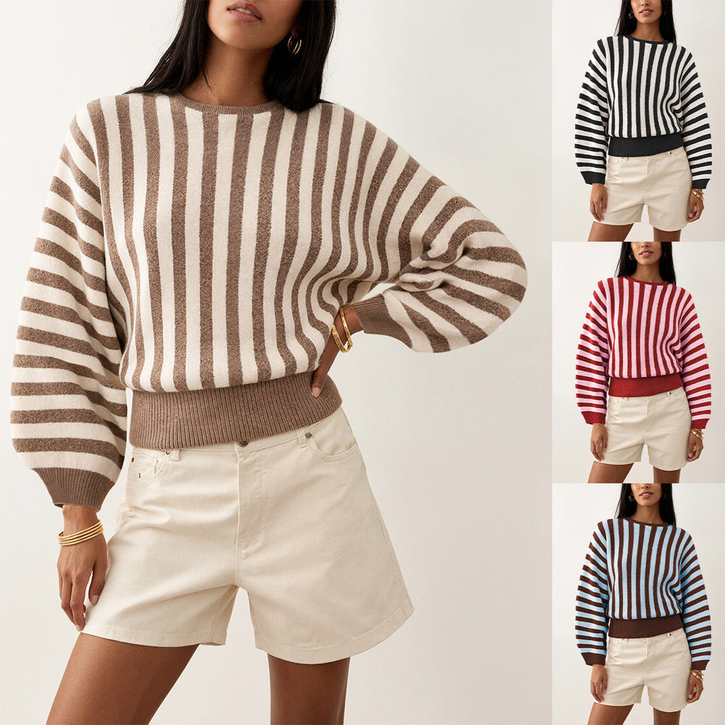 Laylace long-sleeve knitted pullover featuring vertical stripes in various color combinations with a ribbed hem