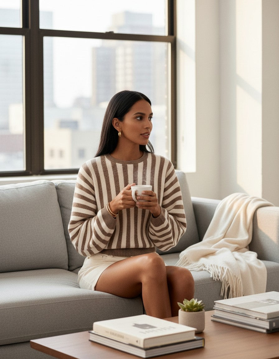 Laylace long-sleeve knit pullover with vertical stripes in khaki and white, worn by a woman sitting on a sofa.