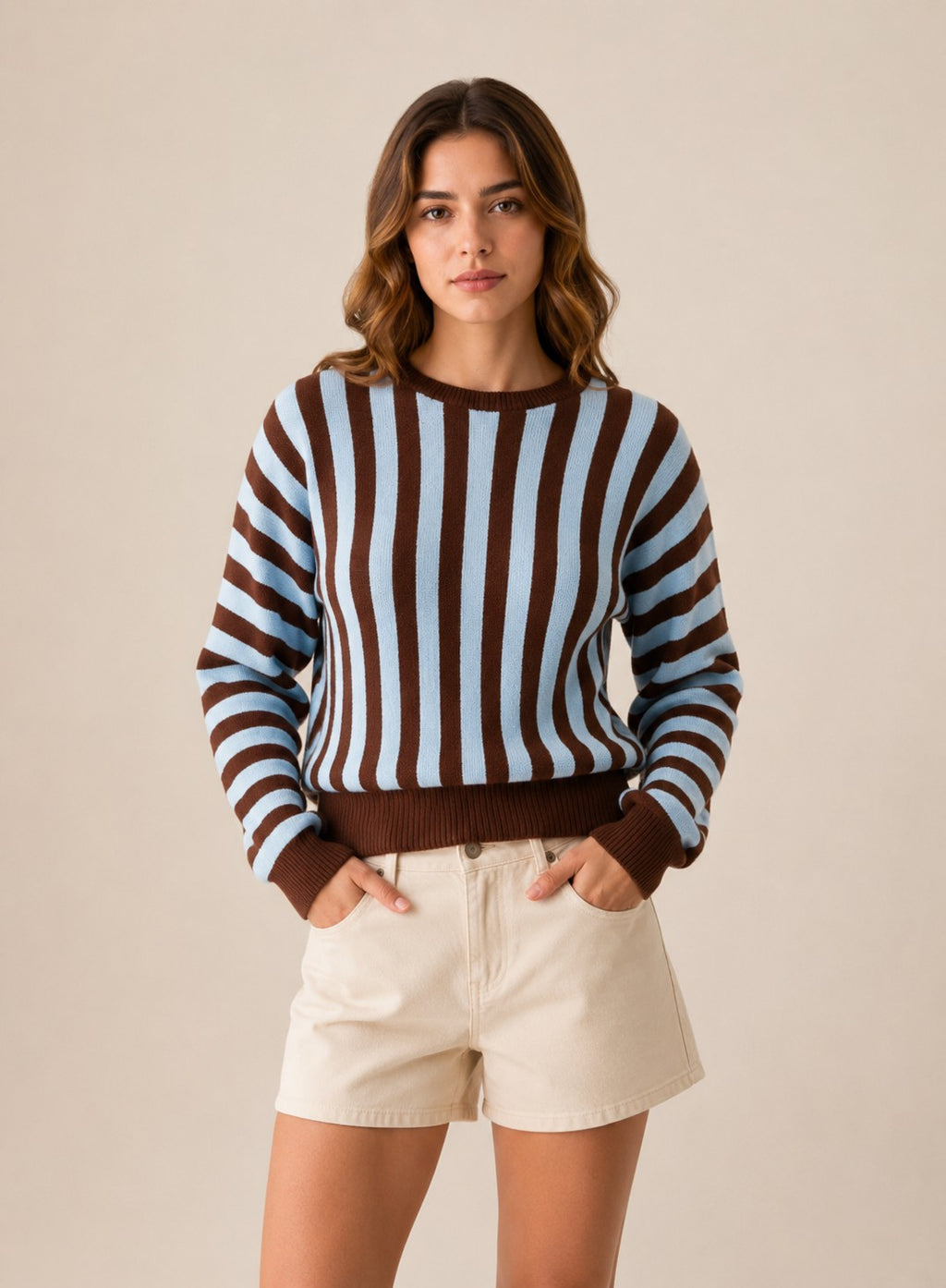 Laylace women's long-sleeve knit sweater featuring vertical brown and light blue stripes with a crew neckline.