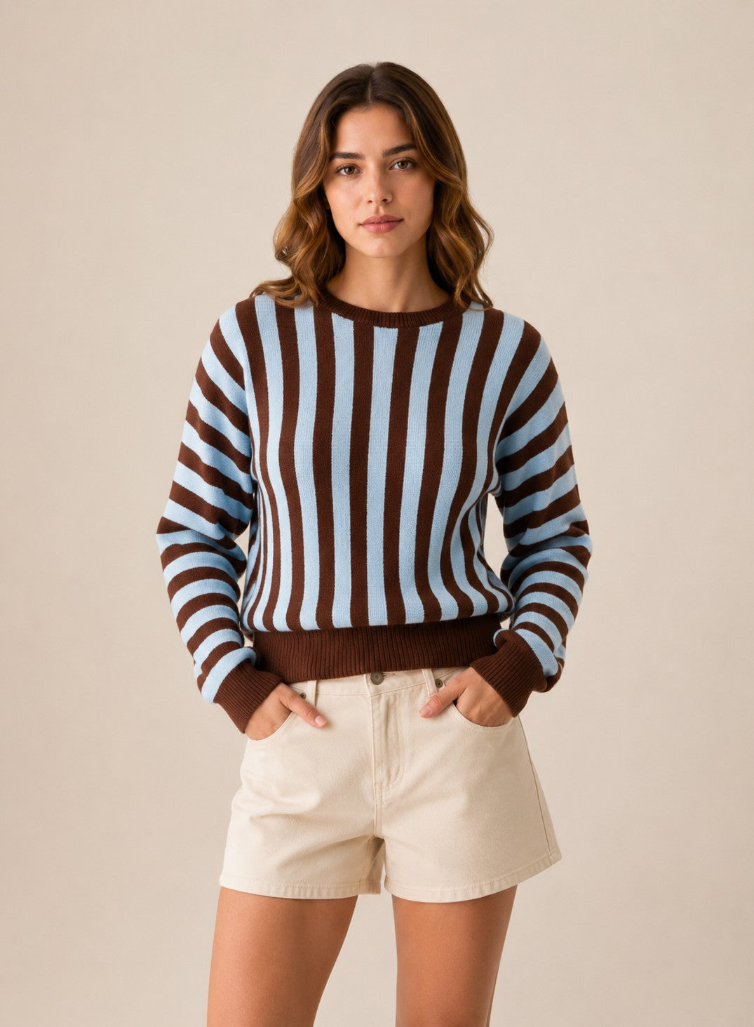 Laylace women's long-sleeve knit sweater featuring vertical brown and light blue stripes with a crew neckline.