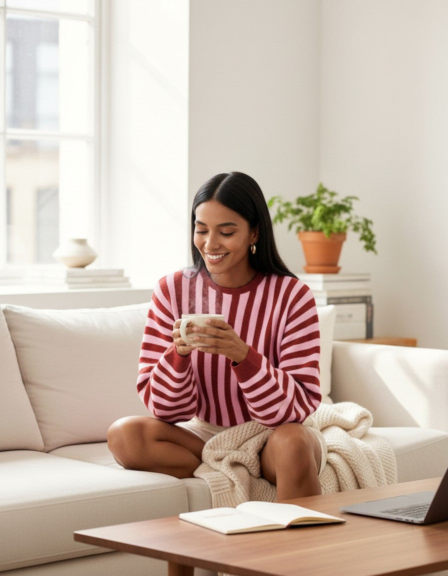Laylace woman wearing a red and pink striped long-sleeve knit pullover while sitting on a sofa with a warm drink