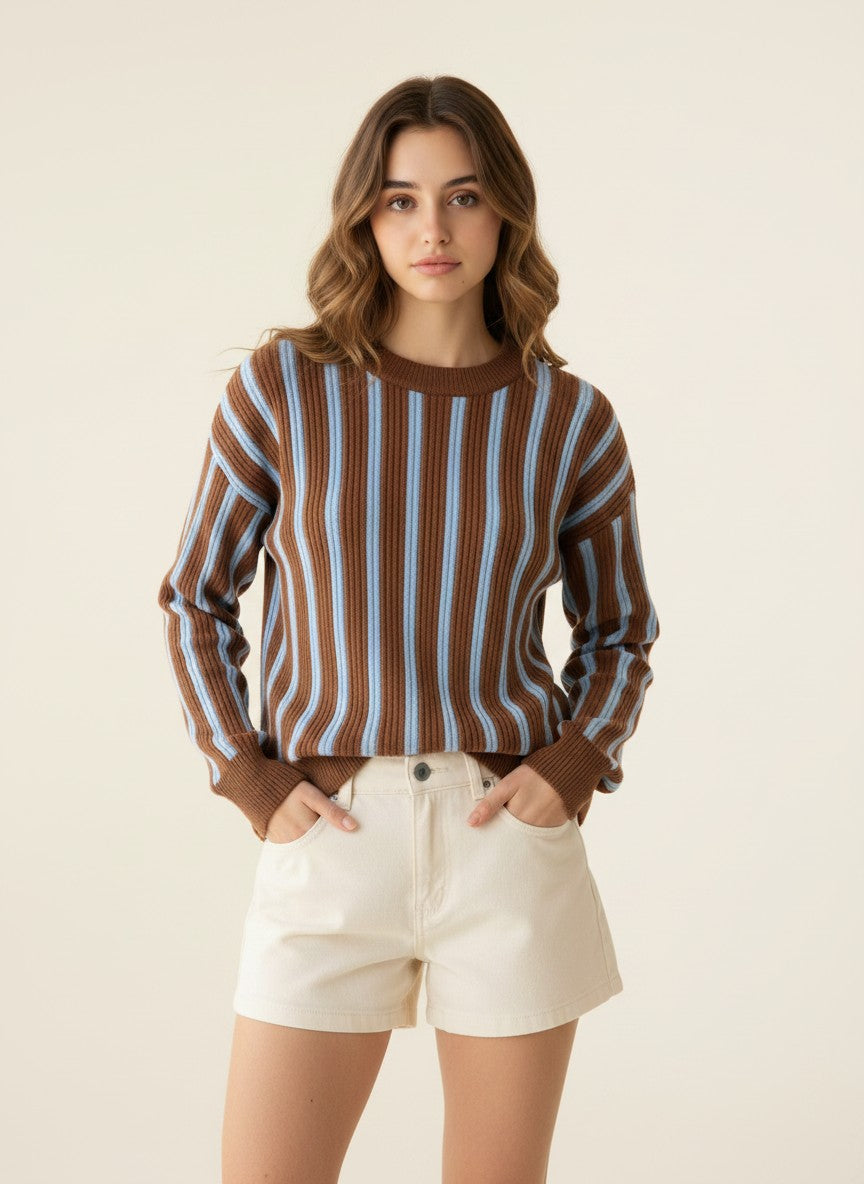 Laylace long-sleeve knitted pullover featuring vertical brown and light blue stripes on a model wearing cream shorts