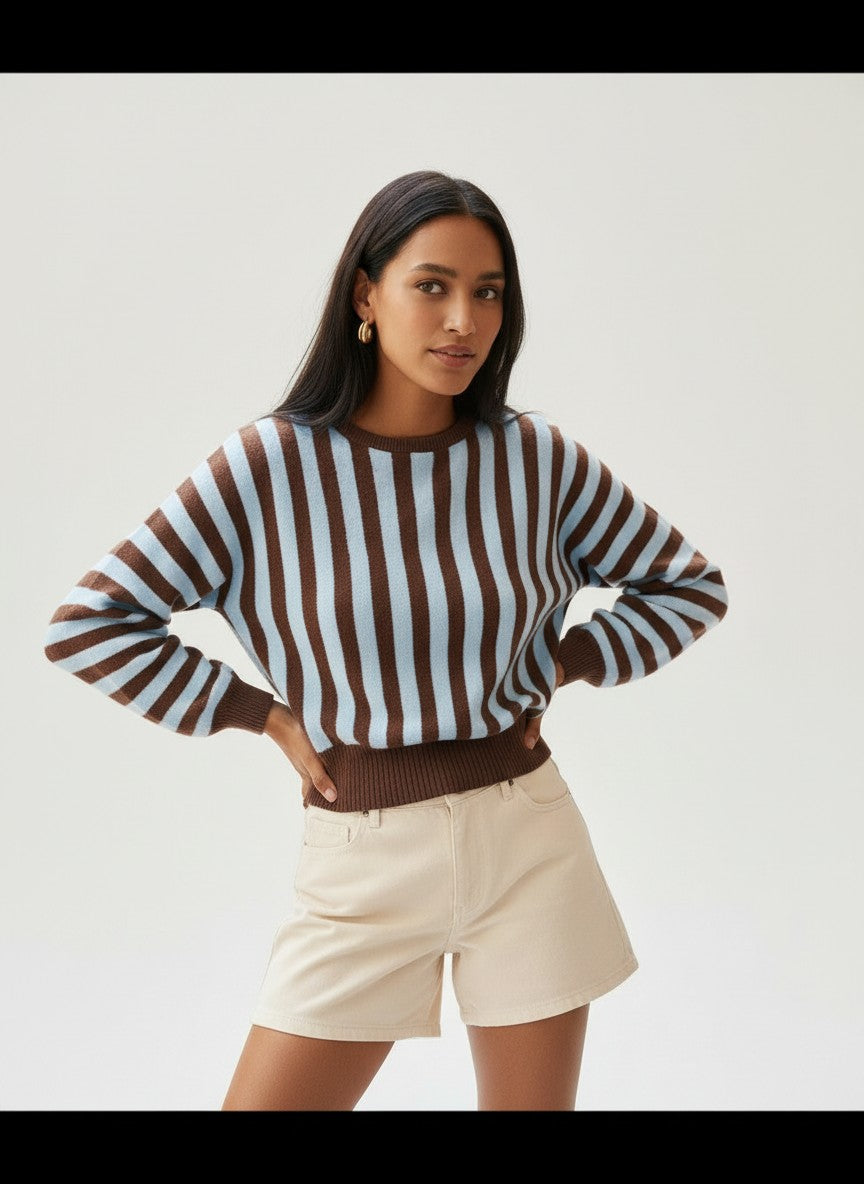 Laylace model wearing a long-sleeve striped knit pullover with blue and brown vertical stripes and ribbed hem