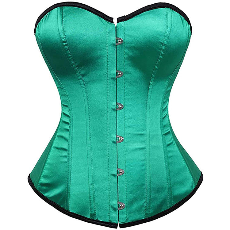 Laylace teal satin bustier top with black trim, structured boning and front hook closure for party and evening outfits