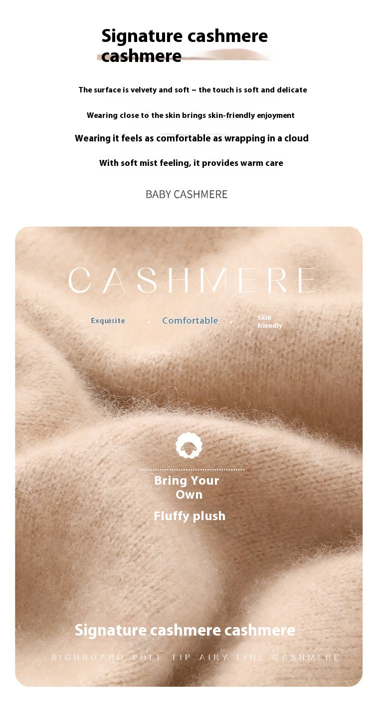 Close-up of Laylace thick cashmere turtleneck sweater fabric showing soft, plush, and fine knit texture in camel
