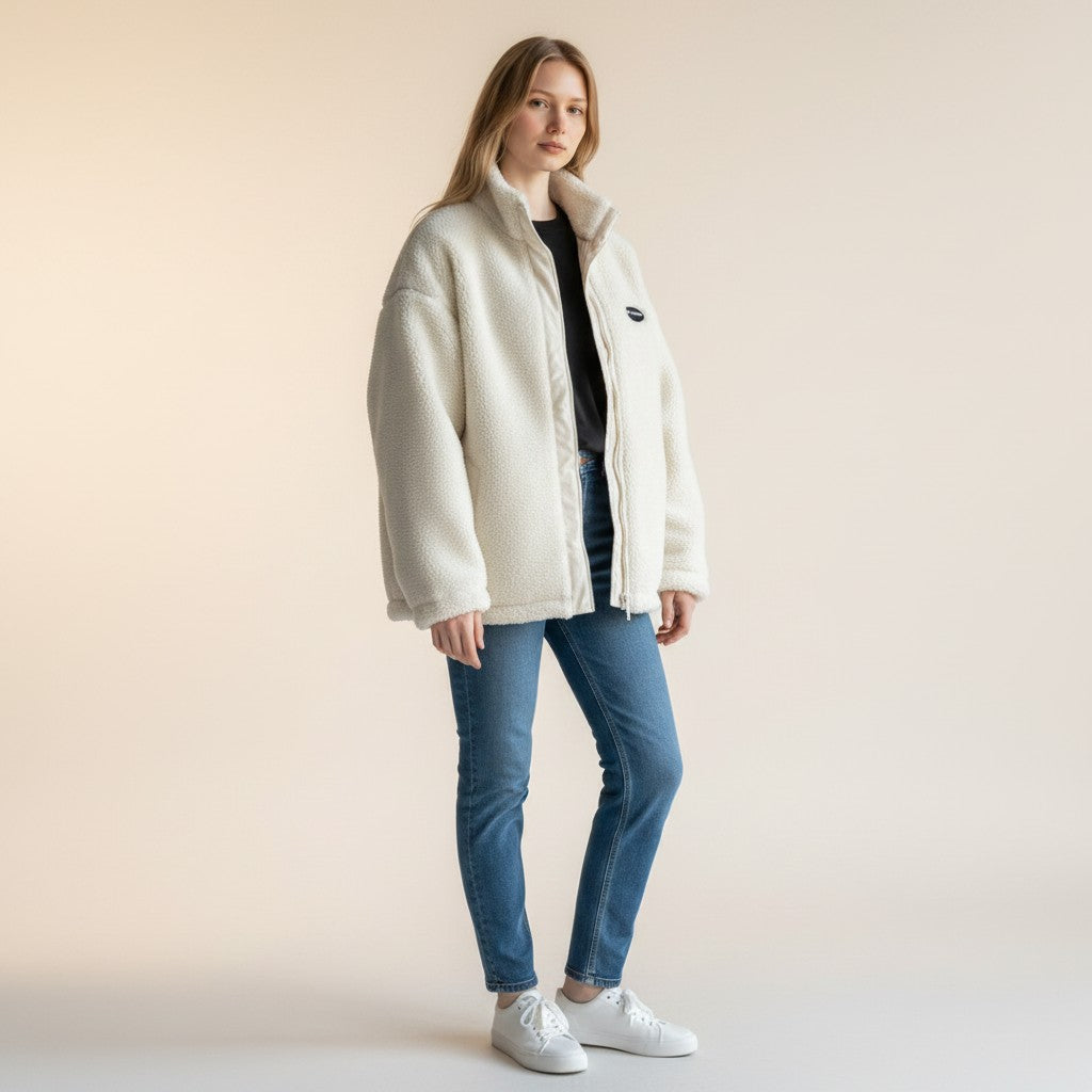 Laylace white double-sided lambswool winter coat with a high collar worn by a woman with blue jeans and white sneakers
