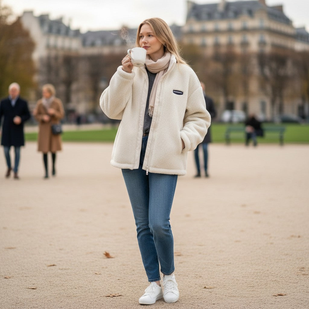 Laylace white lambswool double-sided winter coat worn by a woman holding a mug in a park setting