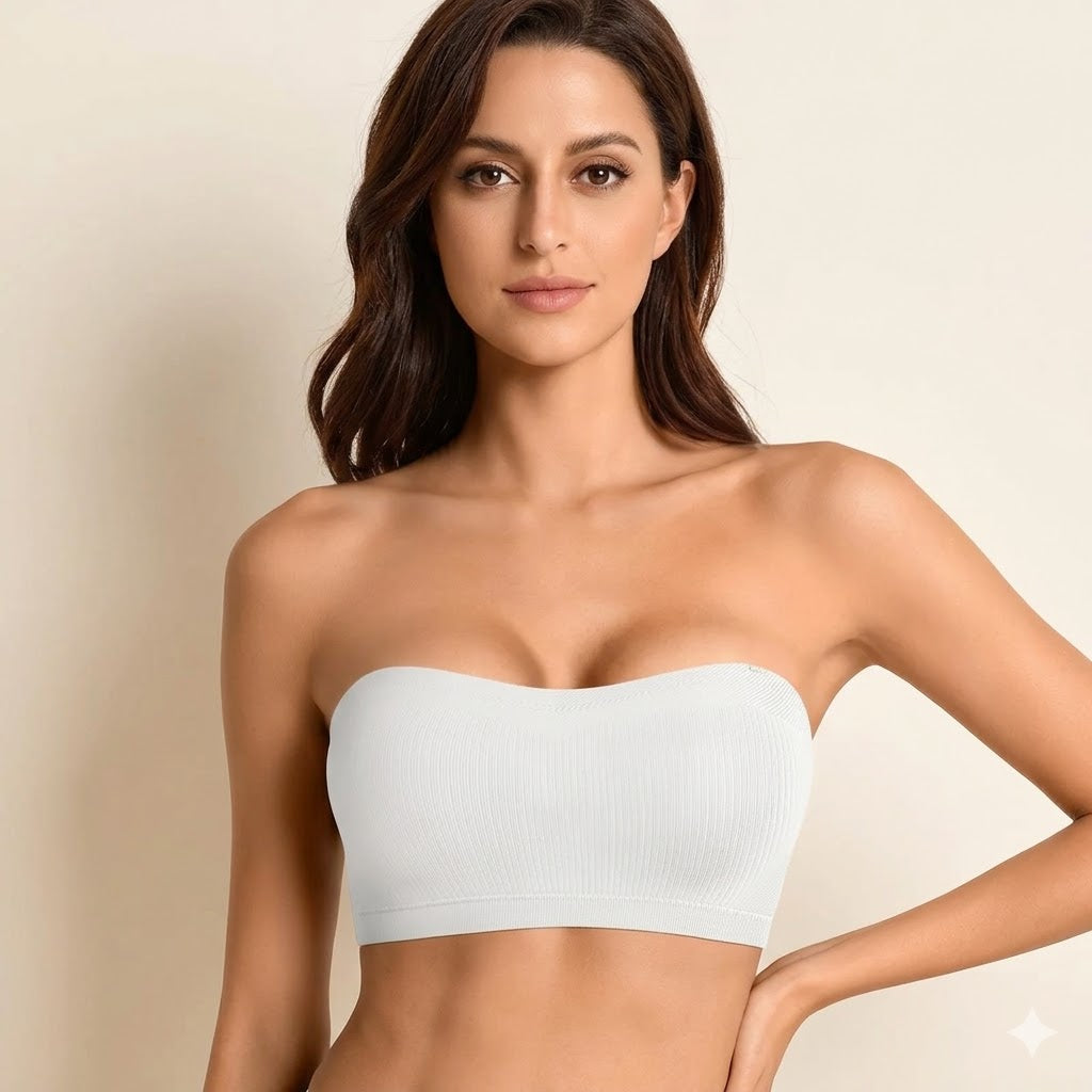 Laylace white wireless strapless bandeau bra with seamless ribbed fabric and non-slip silicone grip on a model