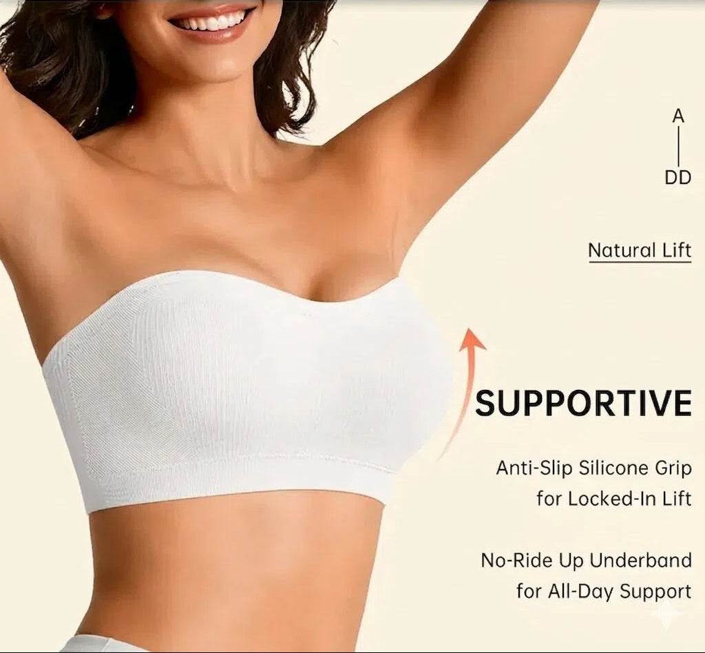 Laylace white wireless strapless bandeau bra with non-slip silicone grip for secure support