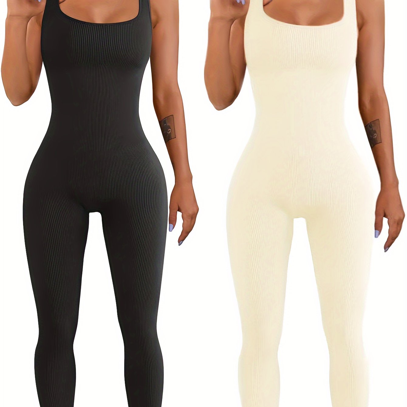 Women's ribbed shapewear bodysuit in black and cream, seamless full-body slimming design
