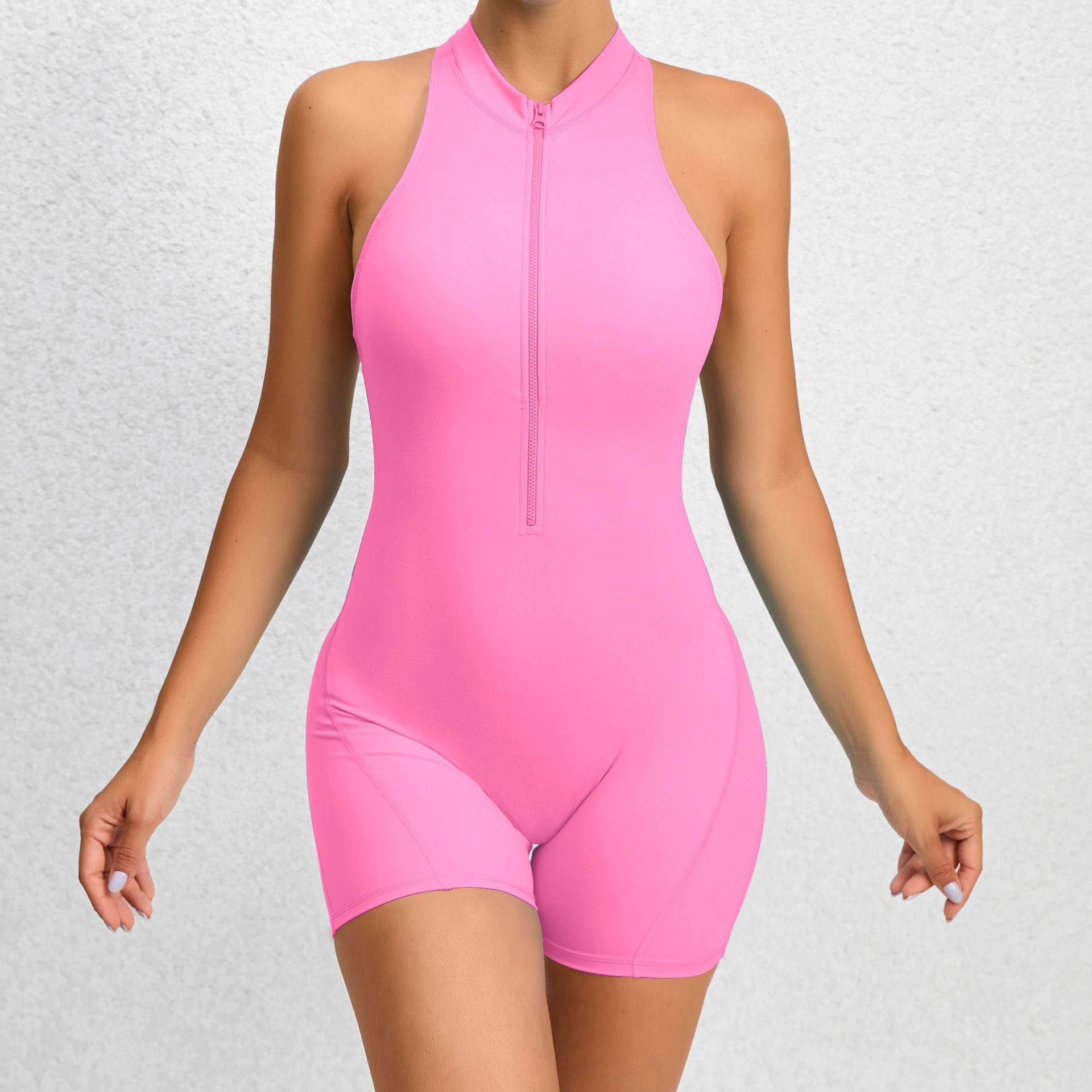 Laylace Women's Sculpting Sleeveless Zip-Up Workout Jumpsuit in Pink featuring a flattering one-piece activewear design with adjustable front zipper.