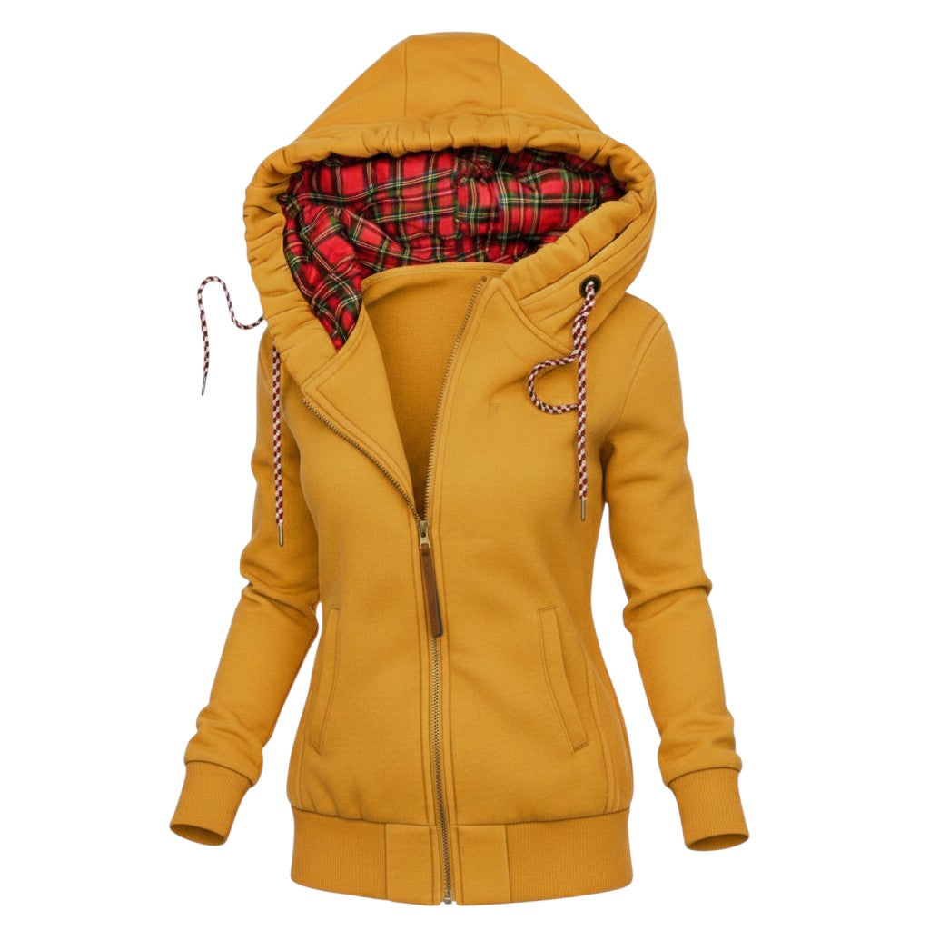Laylace yellow fleece-lined winter coat with a red plaid hood and zipper closure