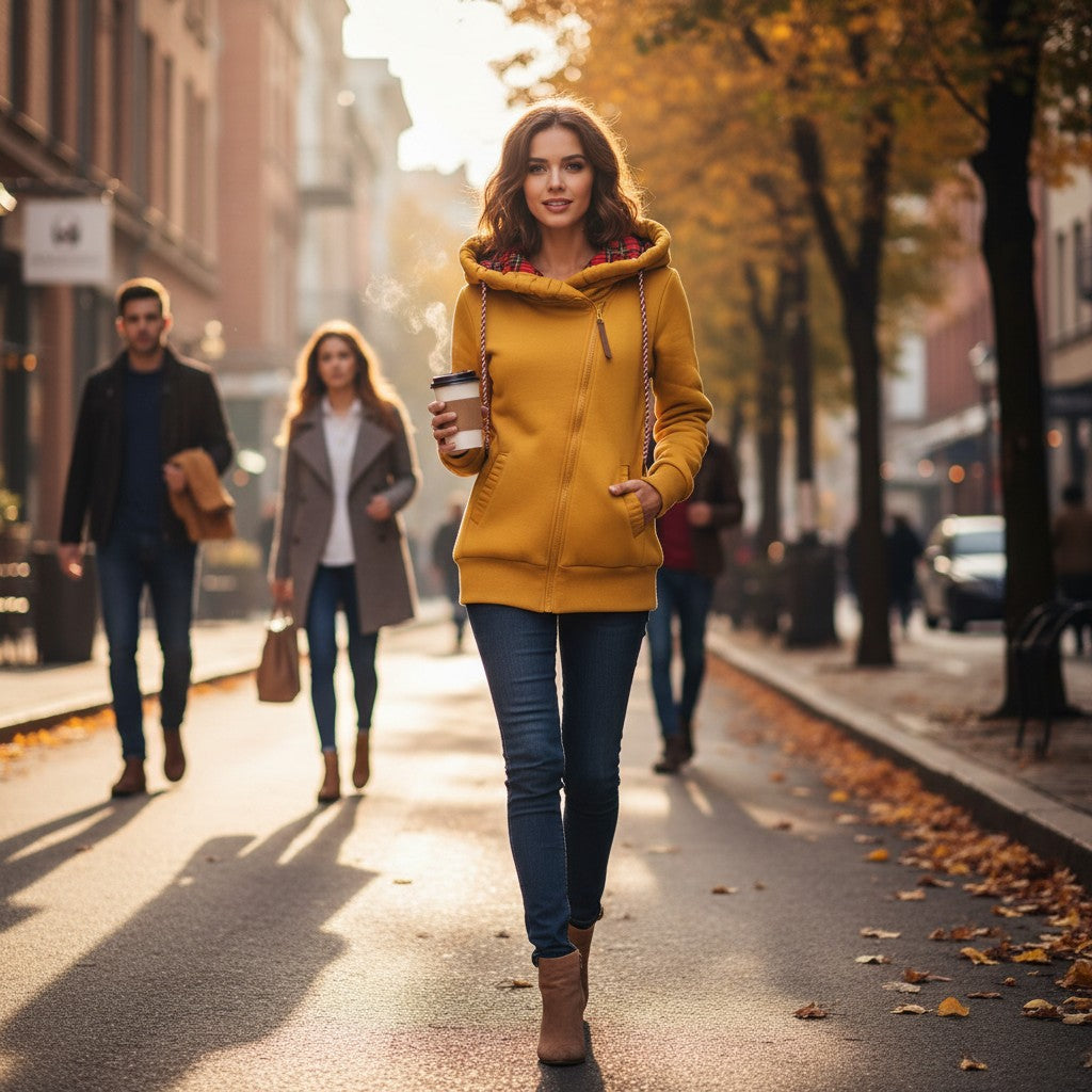 A woman wearing a yellow fleece-lined hooded coat by Laylace, walking on a city street during autumn.