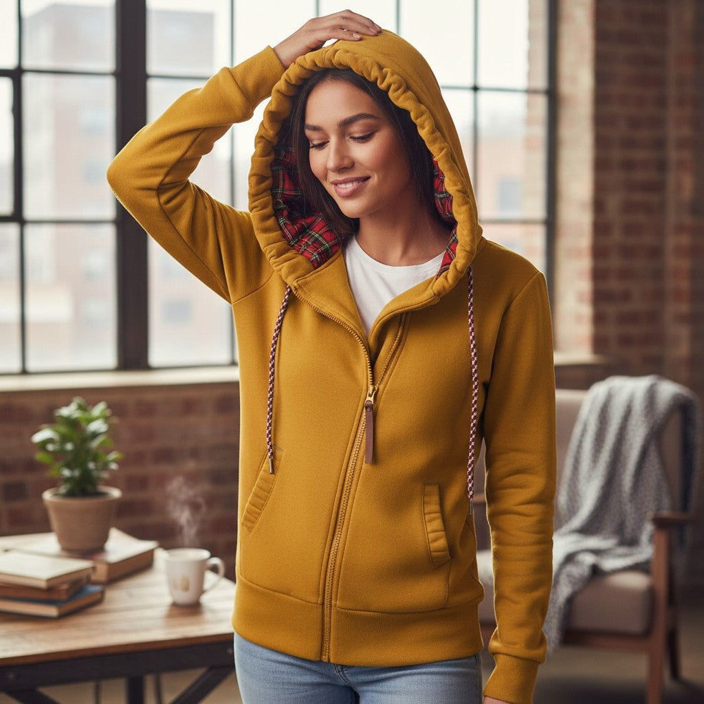 Laylace yellow fleece zip-up hoodie with a plaid-lined hood worn by a woman in a cozy indoor setting.