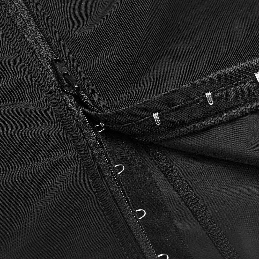 Close-up of a black Shapewear  with zipper and button details