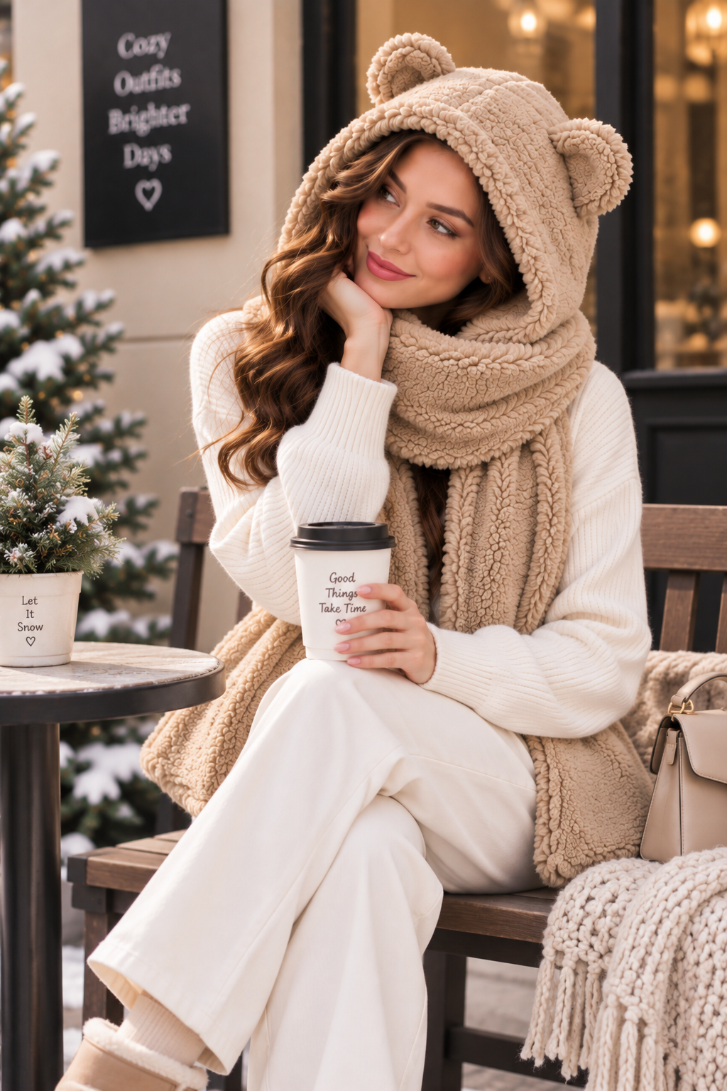 A woman sits on a wooden bench wearing a cozy beige hooded outfit with bear ears, a chunky knit scarf, and cream-colored pants. She holds a coffee cup in a holiday-themed outdoor setting.