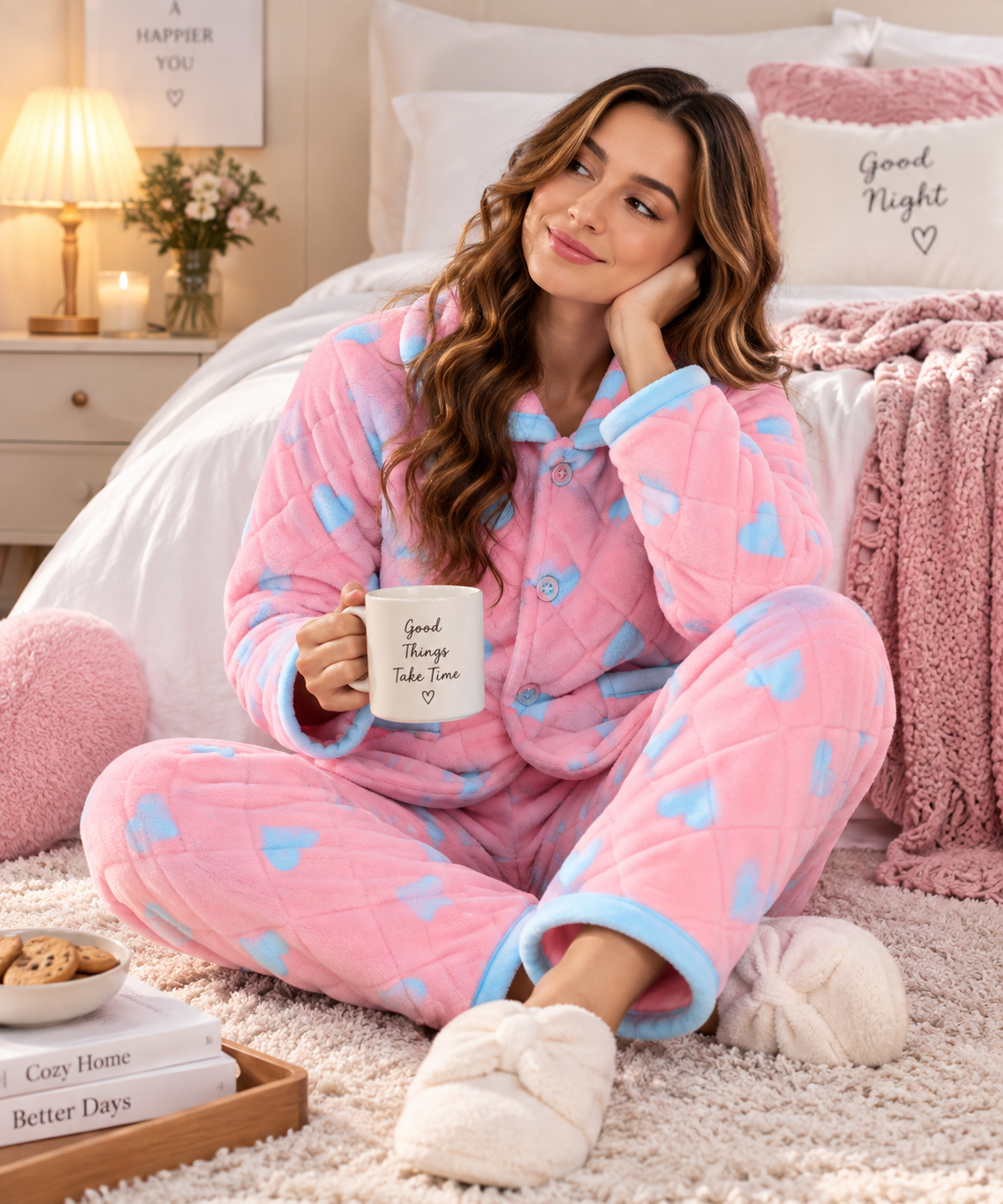 A woman sits on a fluffy cream rug in a cozy bedroom setting, wearing a pink quilted pajama set with light blue heart patterns and light blue trim. She holds a white mug with the text 'Good Things Really Love'.