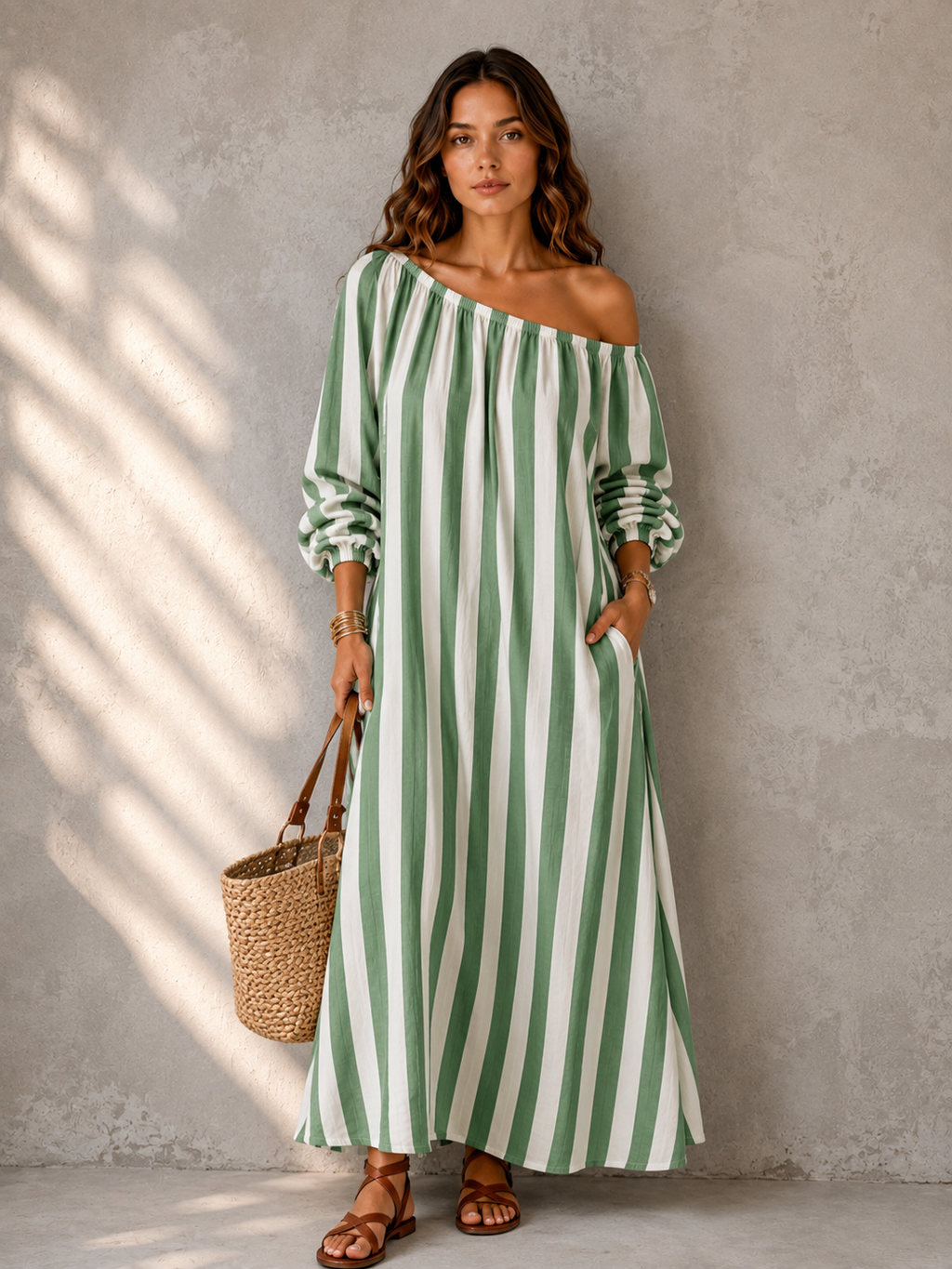 A woman stands against a textured gray wall wearing a long off-the-shoulder maxi dress with vertical green and white stripes. She is holding a woven straw tote bag and wearing brown strappy sandals.